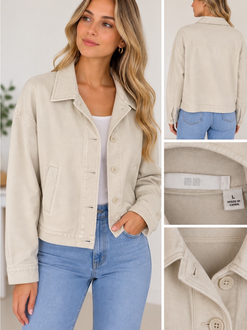 Uniqlo Cream Button-Front Cropped Jacket Women's Size L